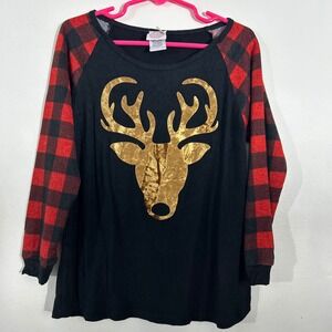 Color Bear Kids Girls Black Reindeer Buffalo Plaid Raglan Long Sleeve Shirt Sz 8